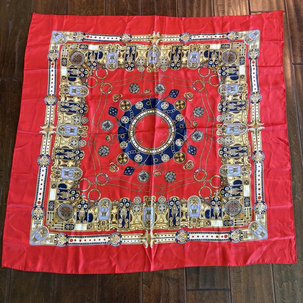Vintage Scarf Chain Print Red Gold Large Square Equestrian Old Money Office